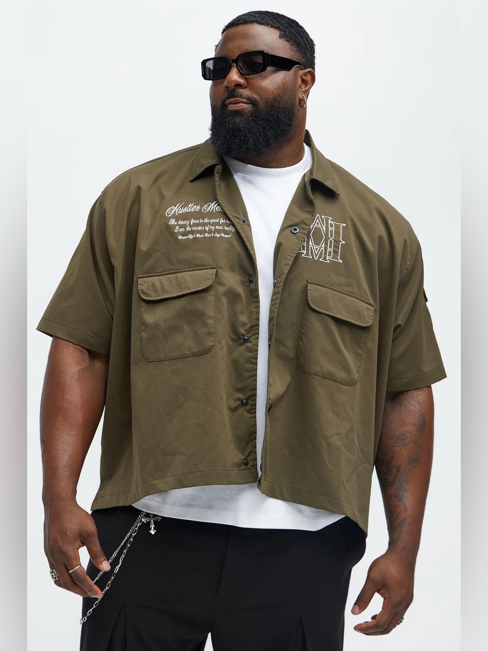NOVA MEN  “Hustler Mentality” Short Sleeve Buttoned Shirt Size XXL Olive - NWOT